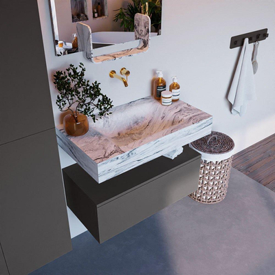 Mondiaz ALAN-DLUX Ensemble de meuble - 80cm - meuble Dark grey mat - 1 tiroir - Lavabo Cloud Glace suspendu - vasque Centre - 0 trous de robinet