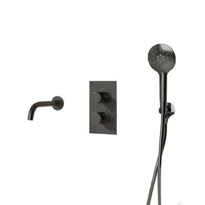 Fortifura Calvi Badkraan set - uitloop - 22cm inkortbaar - gladde slang - ronde handdouche - inbouwdeel - wandhouder - PVD - geborsteld gunmetal (antraciet)