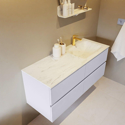 Mondiaz VICA-DLUX ensemble de meuble de salle de bain - 120cm - meuble sous-vasque cale - 4 tiroirs - lavabo encastré cloud droite - 1 trou de robinet - version haute de 60cm - opalo