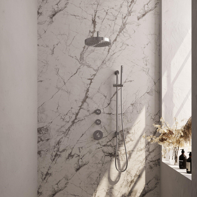 BRAUER Stripe Douche de tête thermostatique encastrée - SET 08 - pomme de douche 25cm - bras mural courbé - douchette à main sur barre coulissante intégrée - flexible de douche - finition PVD brossée couleur inox