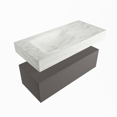 Mondiaz ALAN-DLUX Ensemble de meuble - 100cm - meuble Dark grey mat - 1 tiroir - Lavabo Cloud Opalo suspendu - vasque Gauche - 0 trous de robinet