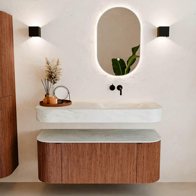 MONDIAZ THOR-DLUX 120cm badmeubel ronding links + rechts kleur Ruby met 1 lade en 2 deuren. Vrijhangende wastafel CLOUD Rechts zonder kraangat kleur Opalo.