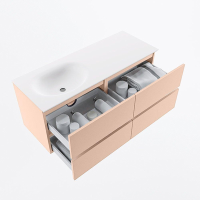 MONDIAZ VICA Ensemble meuble de salle de bains - 120cm - meuble bas rosee - 4 tiroirs - vasque moon gauche - 1 trou de robinet - version hauteur 60cm - talc