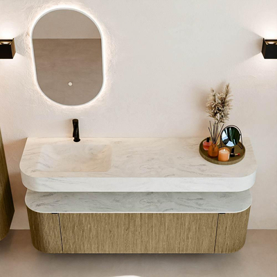 MONDIAZ THOR-DLUX Meuble de salle de bains 160cm arrondi gauche + droite couleur Dusk avec 1 tiroir et 2 portes. Vasque suspendue CLOUD Gauche 1 trou de robinet couleur Opalo.