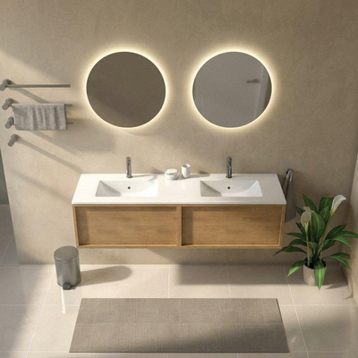 Saniclass Holz Frame Ensemble de meubles de salle de bains - 160x45x42cm - Vasque Vygo en céramique blanche - 2 vasques - 2 trous de robinet - 2 tiroirs - chêne naturel mat (bois)