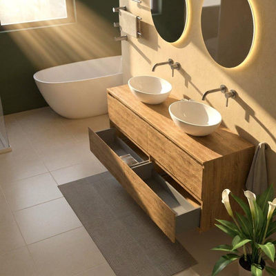 Saniclass Holz Pure Ensemble de meubles de salle de bains - 160x45x62cm - plan de travail en bois - sans trou de robinet - 4 tiroirs - chêne natural mat (bois)