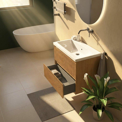Saniclass Holz Atelier Ensemble meuble de salle de bains - 80x45x63.5cm - Bari lavabo en céramique blanc - 1 vasque - sans trou de robinet - 2 tiroirs - chêne naturel mat (bois)