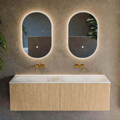 MONDIAZ KURVE Meuble de salle de bains 140 cm couleur Oak avec 2 tiroirs. Vasque BIG SMALL double sans trou de robinet Talc.