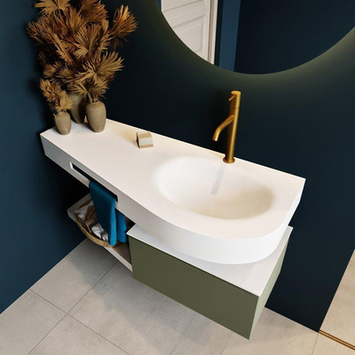 MONDIAZ RIVA Ensemble de meuble salle de bain - 120x50x30cm - 1 tiroir - MDF Army mat - push to open - 1 trou de robinet - lavabo à droite - solid surface talc