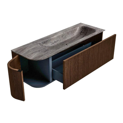 MONDIAZ KURVE-DLUX Meuble de salle de bains 135cm arrondi à gauche couleur Walnut avec 1 tiroir et 1 porte. Lavabo BIG MEDIUM à droite sans trou de robinet Oza.