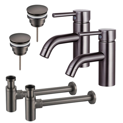 FugaFlow Eccelente Sobrado Badkamer Wastafelkraanset - voor dubbele wastafel - lage wastafelkraan - klikwaste plug - design sifon - PVD Gepolijst Gunmetal