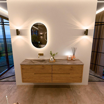 Mondiaz CIRO-DLUX Badkamermeubelset - 160x45x50cm - Solid surface wastafel Sombra - 1 wasbak Links - zonder kraangaten - 4 lades - Oak