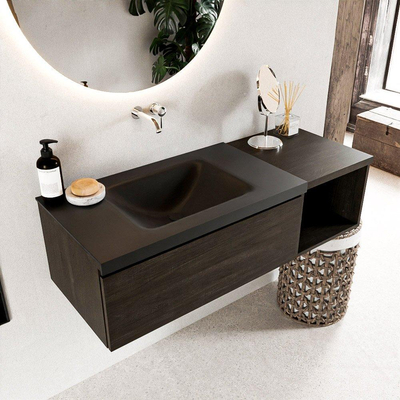 MONDIAZ BUKLA Meuble de salle de bains 120 cm avec module ouvert 40 couleur Dark Brown avec 1 tiroir. Lavabo CLOUD gauche 0 trous de robinet couleur Urban.