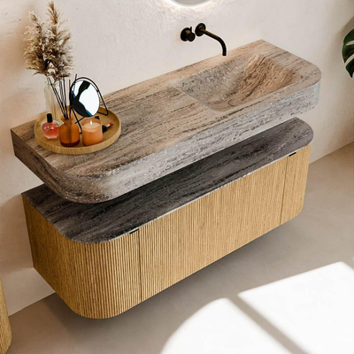 MONDIAZ THOR-DLUX 130cm badmeubel ronding links + rechts kleur Oak met 1 lade en 2 deuren. Vrijhangende wastafel CLOUD Rechts zonder kraangat kleur Oza.