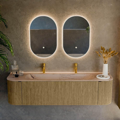 MONDIAZ KURVE-DLUX 170cm meuble de salle de bains arrondi Gauche + Droite couleur Dusk avec 1 tiroir et 2 portes. Lavabo BIG LARGE Central 2 trous de robinet Arena.