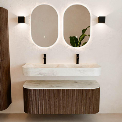 MONDIAZ THOR-DLUX 120cm meuble de salle de bains arrondi gauche + droite couleur Walnut avec 1 tiroir et 2 portes. Vasque suspendue CLOUD Double 2 trous de robinet couleur Ostra.