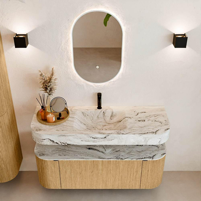 MONDIAZ THOR-DLUX 130cm meuble de salle de bains arrondi gauche + droite couleur Oak avec 1 tiroir et 2 portes. Vasque suspendue CLOUD Milieu 1 trou de robinet couleur Glace.