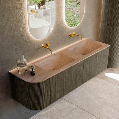 MONDIAZ KURVE-DLUX Meuble de salle de bains 155cm arrondi à gauche couleur Shadow avec 2 tiroirs et 1 porte. Plan-vasque LEAF Double / Droite sans trou de robinetterie Saba.