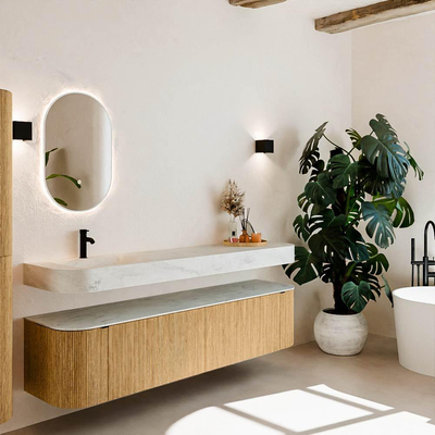 MONDIAZ THOR-DLUX Meuble de salle de bains 190cm arrondi gauche + droite couleur Oak avec 2 tiroirs et 2 portes. Vasque suspendue CLOUD Gauche 1 trou de robinet couleur Opalo.