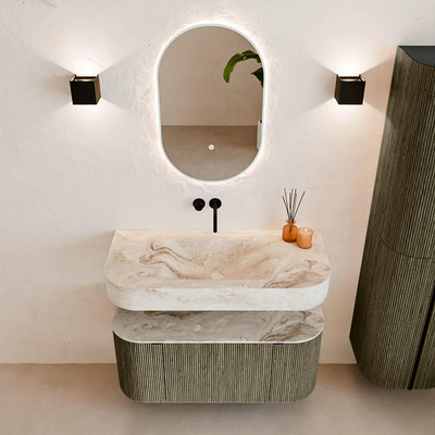 MONDIAZ THOR-DLUX 100cm meuble de salle de bains arrondi gauche + droite couleur Shadow avec 1 tiroir et 2 portes. Vasque suspendue CLOUD Milieu sans trou de robinet couleur Frappe.