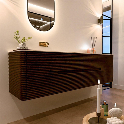 Mondiaz CIRO-DLUX Ensemble de meubles de salle de bains - 180x45x50cm - Vasque solid surface Nata - 1 lavabo à gauche - sans trous de robinet - 4 tiroirs - Noyer