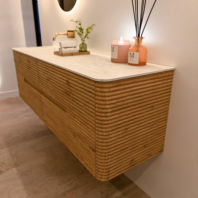 Mondiaz CIRO-DLUX Ensemble de meubles de salle de bains - 160x45x50cm - lavabo solid surface Opalo - 1 vasque à gauche - sans trous de robinet - 4 tiroirs - chêne