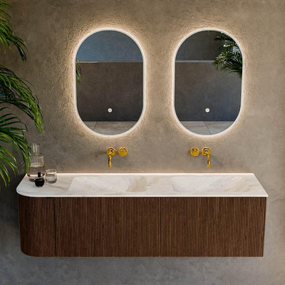 MONDIAZ KURVE-DLUX meuble de salle de bains 155cm avec module 25 L couleur Walnut avec 2 tiroirs et 1 porte. Lavabo LEAF double / à droite sans trou de robinet couleur Frappe.