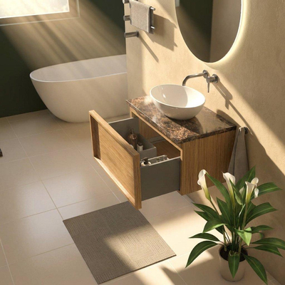Saniclass Holz Frame Ensemble de meubles de salle de bains - 80x45x43cm - Plan de travail en pierre naturelle Noche dark emperador - sans trou de robinetterie - 1 tiroir - chêne natural mat (bois)