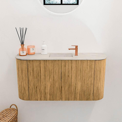 Mondiaz JOYA-DLUX 83.2cm toiletmeubel - ronding links en rechts kleur Oak - Wastafel FAYE positie Midden 1 kraangat kleur Ostra.