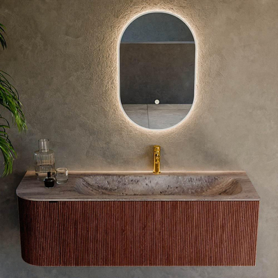 MONDIAZ KURVE-DLUX Meuble de salle de bains 135cm arrondi à gauche couleur Ruby avec 1 tiroir et 1 porte. Lavabo BIG MEDIUM à droite 1 trou de robinet Oza.