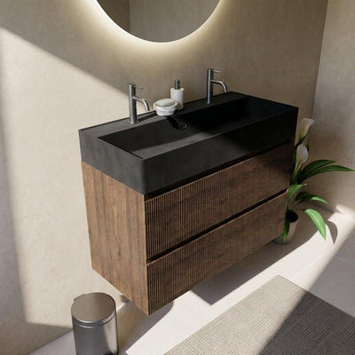 Saniclass Holz Atelier Badkamermeubelset - 100x45x72cm - Legend keramische wastafel mat zwart - 1 wasbak - 2 kraangaten - 2 lades - mat eiken charcoal (hout)