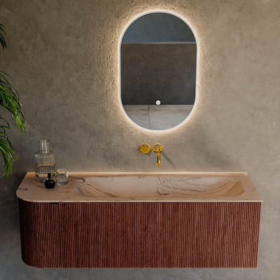 MONDIAZ KURVE-DLUX Meuble de salle de bains 135cm arrondi à gauche couleur Ruby avec 1 tiroir et 1 porte. Lavabo BIG MEDIUM à droite sans trou de robinet Arena.