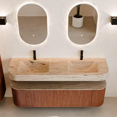 MONDIAZ THOR-DLUX 160cm meuble de salle de bains arrondi gauche + droite couleur Ruby avec 1 tiroir et 2 portes. Vasque suspendue CLOUD Double 2 trous de robinet couleur Arena.