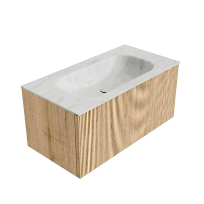 MONDIAZ KURVE-DLUX 90cm Meuble salle de bain - couleur Oak - 1 tiroir - vasque BIG SMALL centre - sans trou de robinet - couleur Opalo