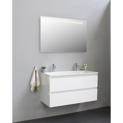 Basic Bella Meuble lavabo acrylique avec 2 trous de robinet avec miroir avec éclairage 100x55x46cm Flat Pack Blanc Haute-brillance