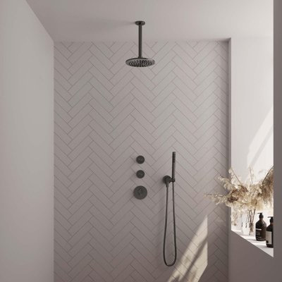 BRAUER Gunmetal Carving ensemble de douche pluie encastré – douche de tête Ø 20 cm – bras de plafond 30 cm – douchette bâton – support fixe
