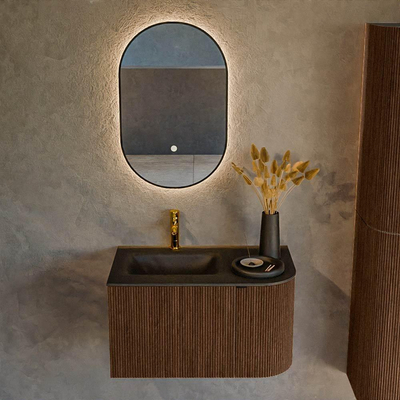 MONDIAZ KURVE 75cm badmeubel met module 25 R kleur Walnut met 1 lade en 1 deur. Wastafel GRUNNE links 1 kraangat Urban.