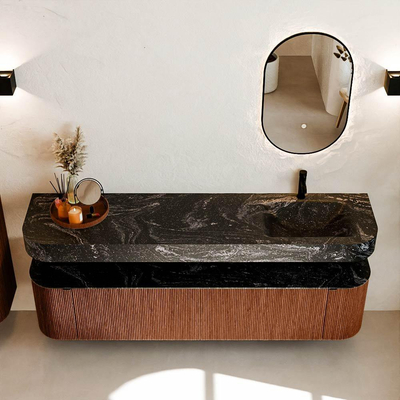 MONDIAZ THOR-DLUX Meuble de salle de bains 190cm arrondi gauche + droite couleur Ruby avec 2 tiroirs et 2 portes. Vasque suspendue CLOUD Droite 1 trou de robinet couleur Lava.