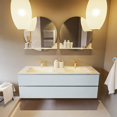 Mondiaz VICA-DLUX ensemble de meuble de salle de bain - 150cm - meuble sous-vasque argile - 2 tiroirs - lavabo encastré nuage double - 2 trous de robinet - version haute de 60cm - ostra