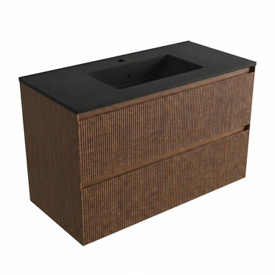 Saniclass Holz Atelier Ensemble de meuble de salle de bains - 100x45x62cm - Lavabo Vygo en céramique noir - 1 vasque - 1 trou de robinet - 2 tiroirs - noyer pure mat (bois)