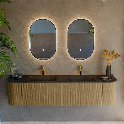 Mondiaz KURVE Badkamermeubelset - 180x46x40cm - 2 lade - 2 deuren - wastafel solid surface - dubbel - 2 kraangaten - Dusk