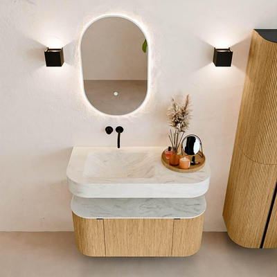 MONDIAZ THOR-DLUX 100cm badmeubel ronding links + rechts kleur Oak met 1 lade en 2 deuren. Vrijhangende wastafel CLOUD Links zonder kraangat kleur Opalo.