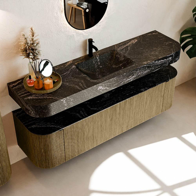 MONDIAZ THOR-DLUX 170cm meuble de salle de bains arrondi gauche + droite couleur Dusk avec 1 tiroir et 2 portes. Vasque suspendue CLOUD Milieu 1 trou de robinet couleur Lava.