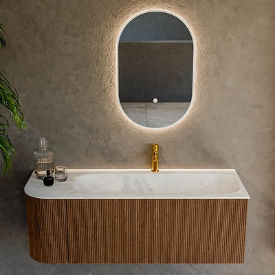 MONDIAZ KURVE-DLUX 125cm Meuble salle de bain avec module 25 G - couleur Walnut - 1 tiroir - 1 porte - vasque BIG MEDIUM droite - 1 trou de robinet - couleur Opalo