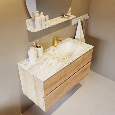 Mondiaz VICA-DLUX ensemble de meuble de salle de bain - 100cm - meuble sous-vasque chêne blanchi - 2 tiroirs - lavabo encastré cloud droite - 1 trou de robinet - version haute de 60cm - glace