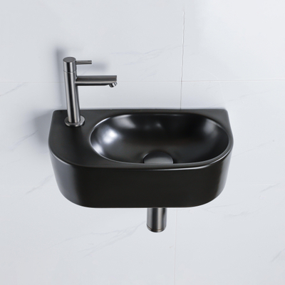 Fugaflow Efficiente Ensemble Fontaine Pietra - 40x21,5x12 cm - gauche - lisse - demi-ronde - 1 trou de robinet - céramique - robinet de fontaine gunmetal - bouchon de vidange - siphon abaissé - noir mat