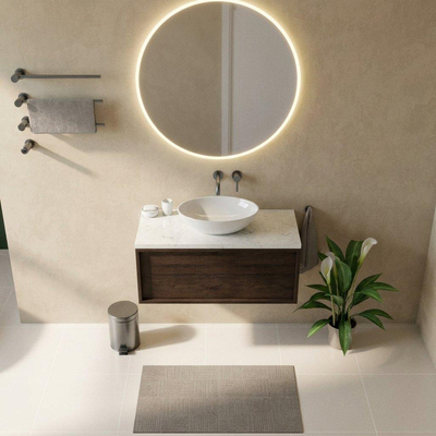 Saniclass Holz Frame Ensemble meuble de salle de bains - 100x45x43cm - Plan vasque en marbre Dia poli (blanc) - sans trou de robinetterie - 1 tiroir - chêne charcoal mat (bois)