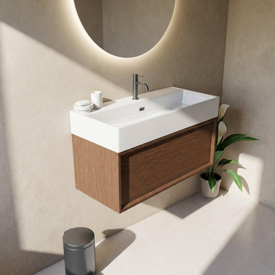 Saniclass Holz Frame Ensemble meuble de salle de bains - 100x45x52cm - Legend lavabo en céramique blanc - 1 vasque - 1 trou de robinet - 1 tiroir - mat walnut pure (bois)