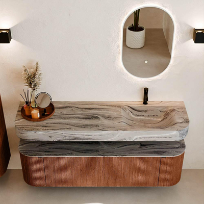 MONDIAZ THOR-DLUX 160cm meuble de salle de bains arrondi gauche + droite couleur Ruby avec 1 tiroir et 2 portes. Vasque suspendue CLOUD Droite 1 trou de robinet couleur Sombra.