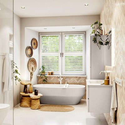 MONDIAZ VICA Ensemble meuble de salle de bains - 90cm - meuble bas linen - 2 tiroirs - lavabo cloud centré - 1 trou de robinet - version haute 60cm - talc